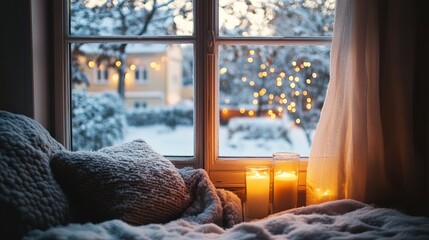 Aufkleber - Cozy winter evening with candles and snow view from a warm bedroom window. Generative AI
