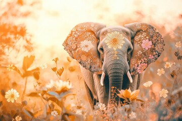 Poster - Elephant surrounded by blooming flowers in a vibrant landscape during sunset. Generative AI