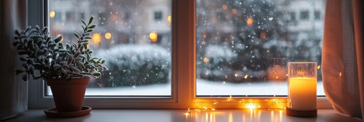 Aufkleber - Cozy winter afternoon with snow falling outside a warm window and a candle illuminating the indoor scene. Generative AI