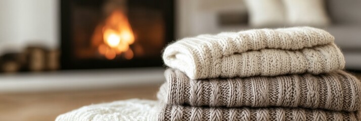 Wall Mural - Cozy knit blankets stacked neatly near a warm fireplace in a modern living room setting. Generative AI