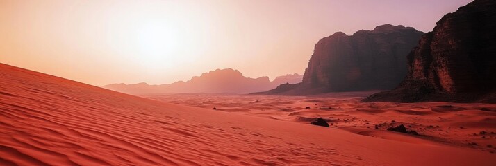Aufkleber - Breathtaking sunset casts warm glow over vast desert landscape with stunning rock formations in the background. Generative AI