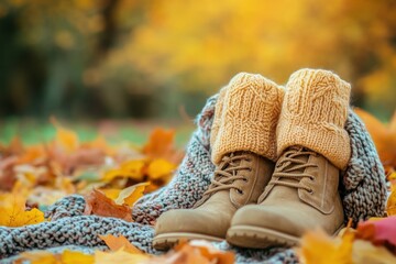Poster - Cozy boots on a knitted blanket surrounded by colorful autumn leaves in a serene outdoor setting. Generative AI