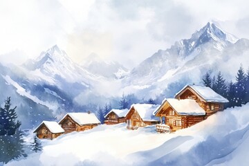 Leinwandbilder - Charming snow covered mountain village with wooden cabins during winter in a serene landscape. Generative AI