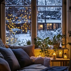 Wall Mural - Cozy winter evening with snow and fairy lights seen through a warm living room window. Generative AI