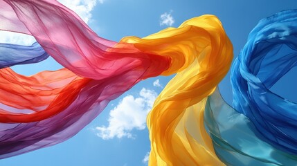 Wall Mural - Colorful fabrics flowing outdoors, sunny sky, design