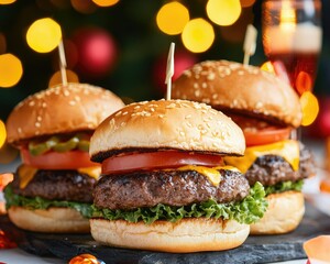 Three delicious cheeseburgers on a festive table, garnished with lettuce, tomato, and pickles, creating a warm holiday atmosphere.