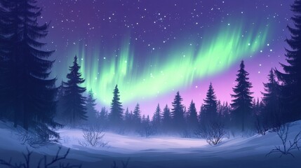 Poster - Northern lights illuminate a winter landscape with snow and trees under a starry sky at night. Generative AI