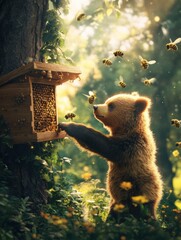 Poster - Brown bear interacts with a beehive in a vibrant forest during a sunny afternoon. Generative AI