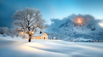 Wall Mural - Magical Winter Landscape with Cozy Mountain Cottage and Vibrant Fireworks Display during Festive