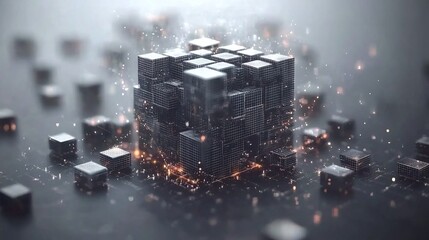 Wall Mural - Glowing metallic cubes elegantly arranged create a futuristic digital landscape. AI Generated