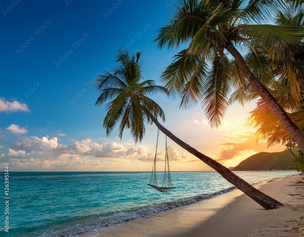 Une plage tropicale au coucher du soleil, avec des vagues turquoise ...