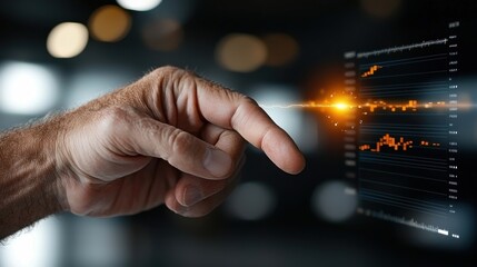 Wall Mural - human hand interacting with a virtual display showcasing financial data market insights and analytic