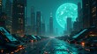 © IgorImageDoc - futuristic cityscape large blue moon background city filled tall buildings skyscrapers which lit orange yellow lights sky dark moon partially visible casting soft glow over city foreground long empty