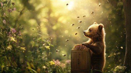 Poster - Young bear enjoys sweet honey surrounded by buzzing bees in a serene forest setting. Generative AI