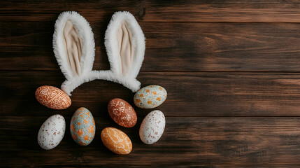 Soft Bunny Ears with Colorful Easter Eggs on Rustic Wooden Background for Spring Celebrations