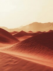 Aufkleber - Desert landscape during golden hour with gentle sand dunes and distant mountains in warm tones. Generative AI