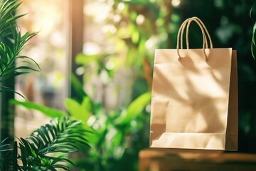 Leinwandbilder - Eco friendly paper bag with blank space for text surrounded by green plants in a bright environment. Generative AI