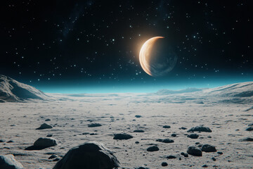 Wall Mural - breathtaking view of lunar landscape with distant planets and stars, showcasing beauty of space exploration and mysteries of universe