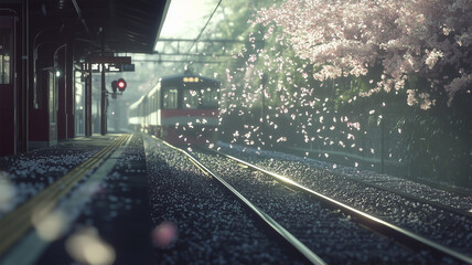 Poster - 桜舞う駅に滑り込む電車—静と動の瞬間美