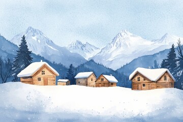 Leinwandbilder - Winter landscape with wooden cabins surrounded by snow covered mountains under a clear sky. Generative AI