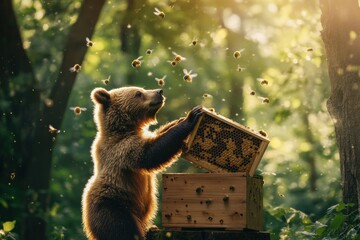 Poster - Curious bear explores hive in sunlit forest during late afternoon hours. Generative AI
