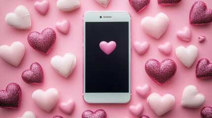 Wall Mural - Pink phone screen heart, Valentine's hearts background, love message, social media