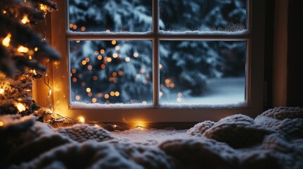 Poster - Cozy winter atmosphere with snowy landscape and festive lights outside the window during the evening. Generative AI