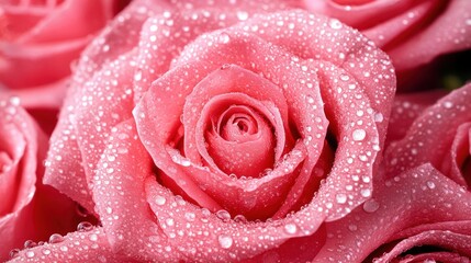 Sticker - Dew-kissed pink roses bouquet close-up, blurred background, romantic