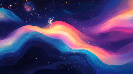 Wall Mural - Vivid galaxies and colorful cosmic rivers frame an astronauts elegant swim a minimalist journey through space. Spectral Astronauts. Illustration
