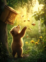 Poster - Young bear interacts with bees near a beehive in a sunlit forest filled with flowers and greenery. Generative AI