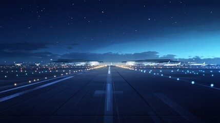 Poster - Nighttime airport runway view showcasing busy flight activity and illuminated terminal buildings under a starry sky. Generative AI
