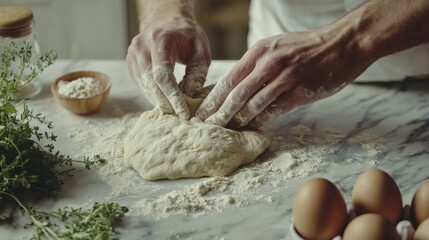 Wall Mural - Chef preparing dough on marble table, kneading with flour, eggs, and fresh thyme, creating a culinary masterpiece in a professional kitchen setting