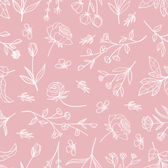 Wall Mural - botanical seamless pattern lin art on pink background.vector illustration.