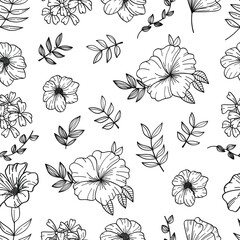 Wall Mural - Seamless floral pattern hand drawn line art. Vector illustration
