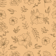 Wall Mural - Seamless pattern botanical hand drawn line art on brown background. Vector illustration