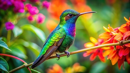 Wall Mural - Colorful hummingbird with iridescent feathers perched on a vibrant green tropical branch in a lush garden surrounded by exotic flowers and foliage, colorful, flower