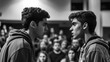 © Justlight - A tense confrontation brewing between two participants with intensity in their expressions and body language. Behind them the audience is slightly blurred with some members whispering