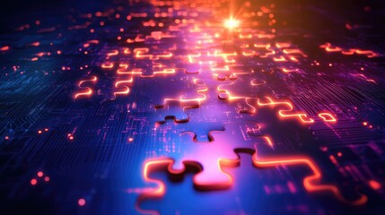Poster - A 3D futuristic circuit board with glowing puzzle pieces forming a pathway, creating an abstract digital design full of energy and glowing light.