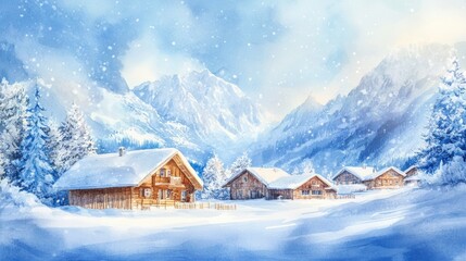 Leinwandbilder - Snowy mountain village with charming wooden cabins in a winter wonderland setting during daytime. Generative AI