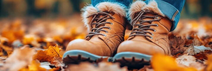Aufkleber - Brown winter boots on a carpet of colorful autumn leaves in a serene outdoor setting. Generative AI