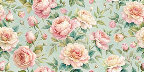  Delicate seamless floral pattern featuring English rose in pastel colors, gentle hues