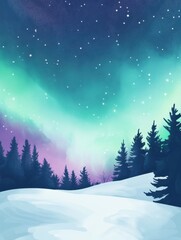 Leinwandbilder - Winter landscape with northern lights illuminating snowy forest at night. Generative AI