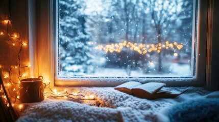 Poster - Cozy winter scene with a book near a window overlooking a snow covered landscape adorned with twinkling lights. Generative AI