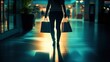© Idea Library - Woman walking down hallway carrying shopping bags in casual attire