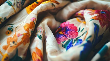 Leinwandbilder - Close up view of vibrant patterned fabrics featuring floral designs suitable for creative projects and textile applications. Generative AI