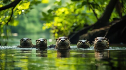 Poster - A group of playful otters floating in a calm river, surrounded by lush greenery and peaceful nature.