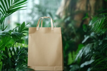 Aufkleber - Eco friendly paper bag against a backdrop of lush green plants in a bright indoor setting. Generative AI