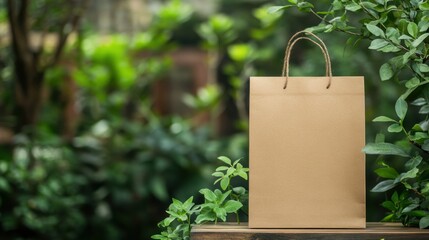 Aufkleber - Eco friendly paper bag in a lush green setting for sustainable living and outdoor activities. Generative AI
