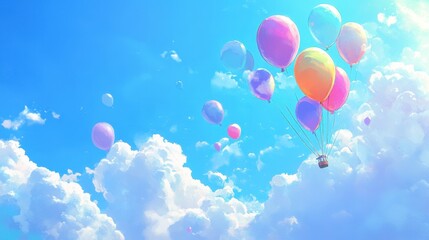 Sticker - A joyful scene with colorful balloons soaring in the bright blue sky, with soft clouds enhancing the cheerful atmosphere.