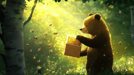 Poster - Charming bear discovers a treasure of golden honey in a sunlit forest filled with buzzing bees. Generative AI